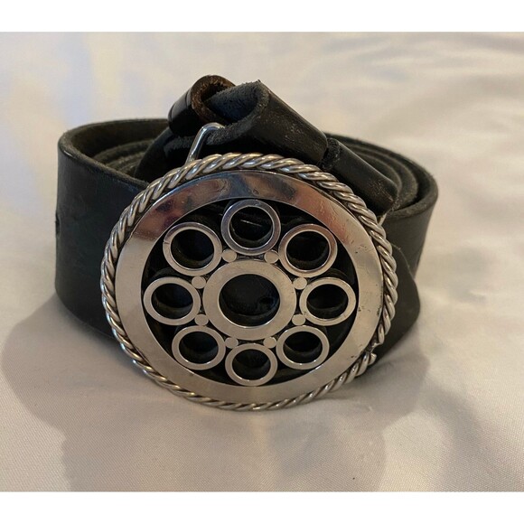 Handcrafted Belt Shiny Silver Tone Buckle Unique One of a Kind on Black Belt